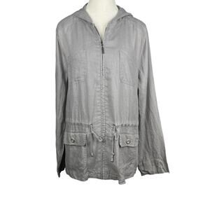 Linen Coat Womens Large Gray Hooded Jacket Lightweight Drawstring Casual Coat